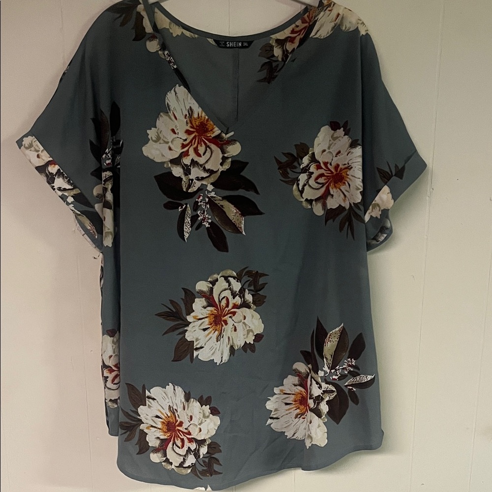 SHEIN Floral Print Blouse - Blue and Cream